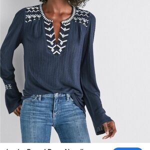 Lucky Brand Drop Needle Embroidered Sz L tunic top Blouse